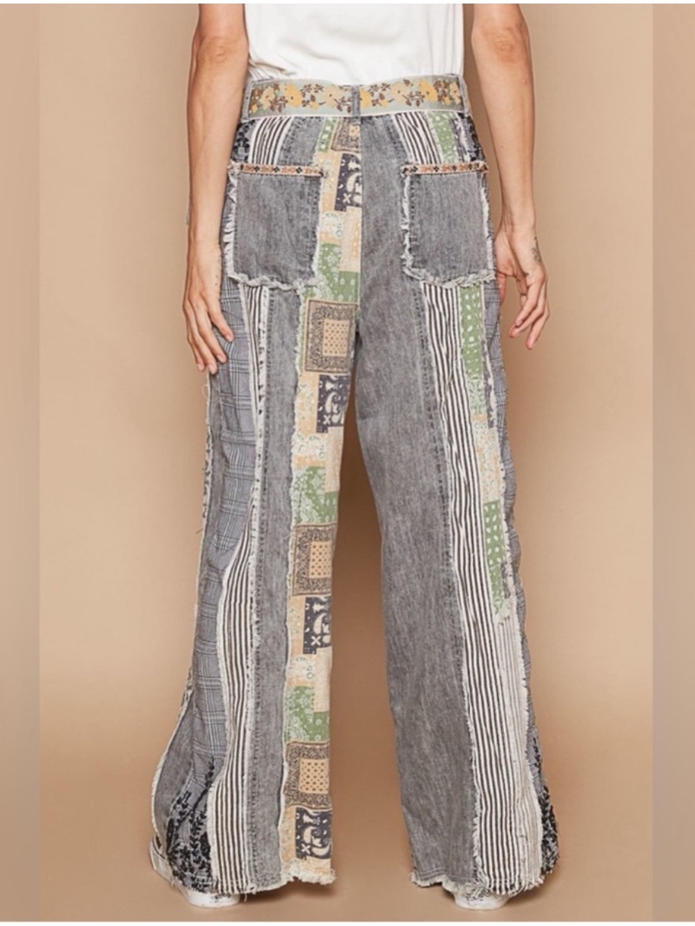 New: POL “Be Legendary” Bohemian Mixed Patchwork Wide Leg Jeans• Large - Picture 3 of 8